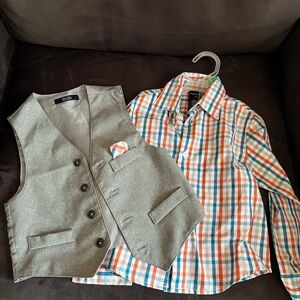 Nautica Blue, Gray and Orange Plaid Shirt with Vest & matching pocket square